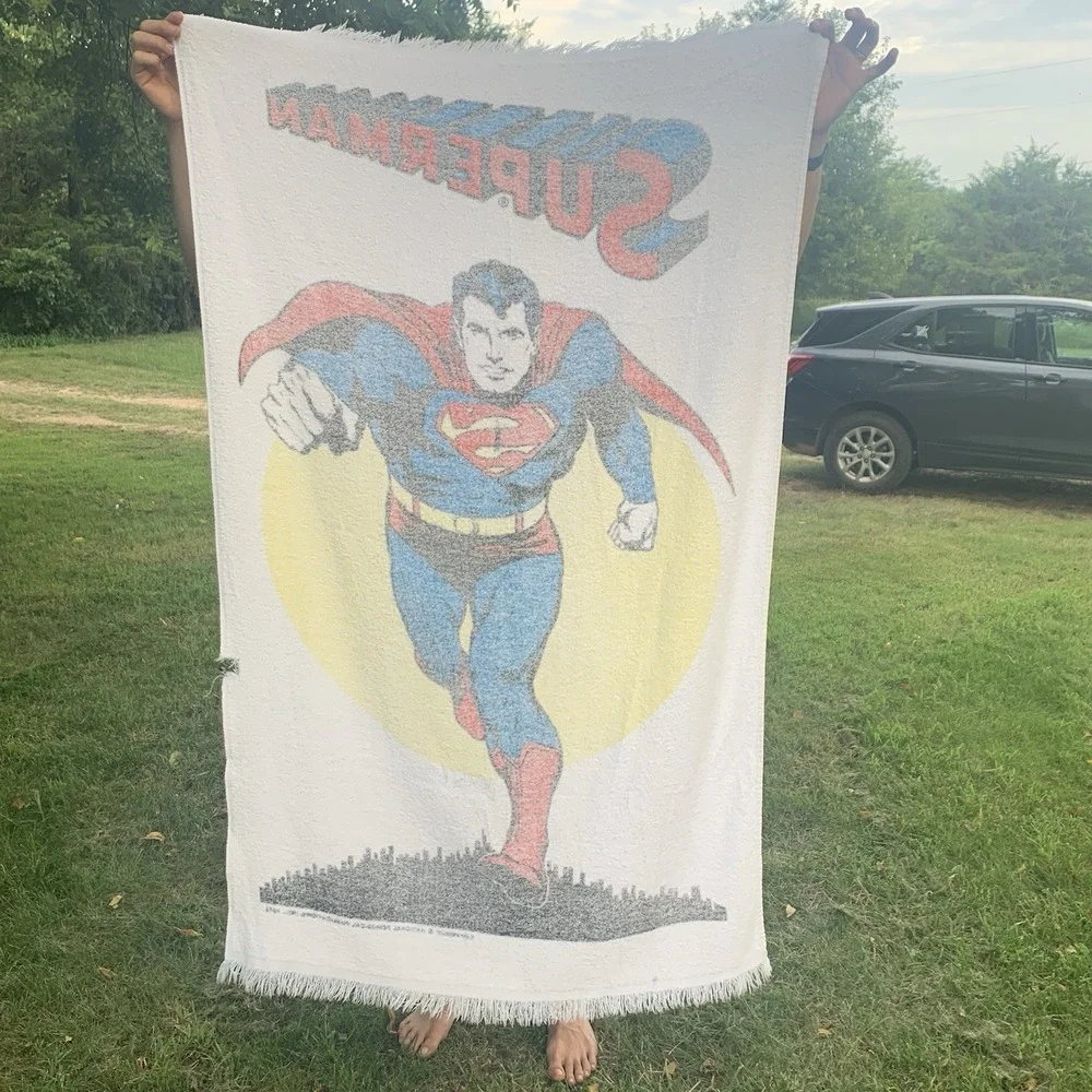 VTG 1970s DC Comics Superman White Decorative Beach Towel 34x54 Used Condition